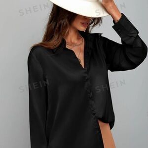Black silky button up shirt L